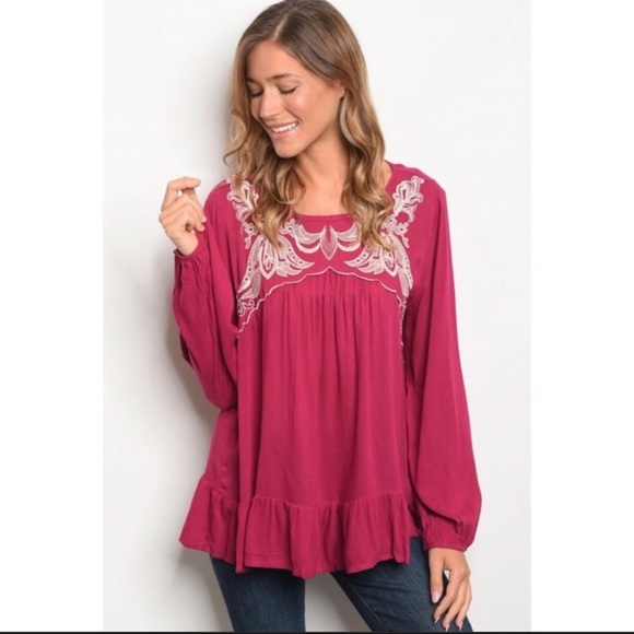 Someday Blush Tops - Someday Blush Embroidered Ruffle Hem Long-Sleeve Top - Wine